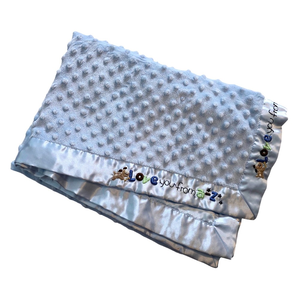 Just One Year Carters Blue Minky Dot Baby Blanket Satin Trim Love You From A-Z